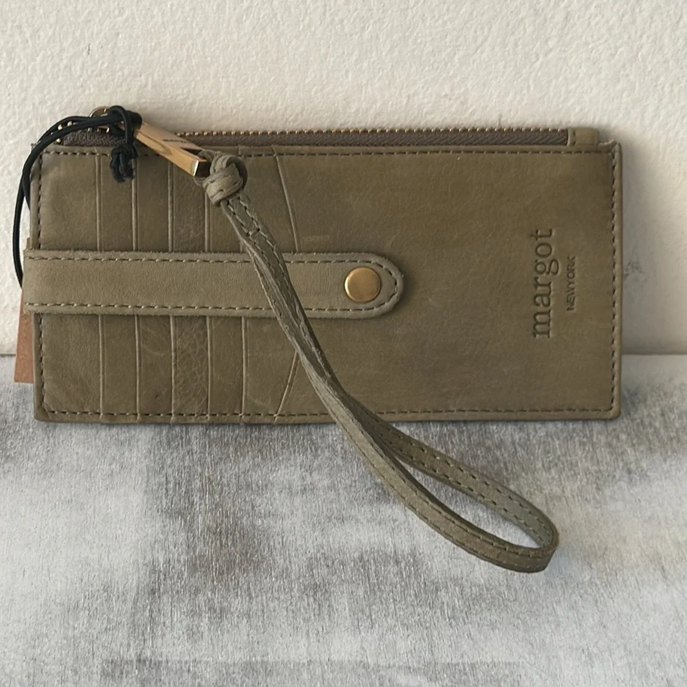 Margot Olive Green -grey slim leather Card case wallet wristlet